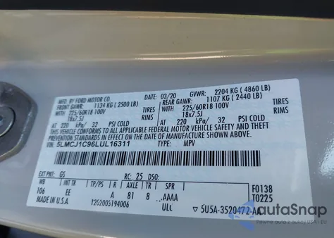 2020 Lincoln Corsair Standard z USA, uszkodzony, nr VIN 5LMCJ1C96LUL16311